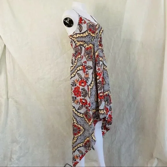 Almost Famous Grey Orange Yellow Spaghetti Strap Pixie BOHO Floral Print Dress M - Picture 5 of 12